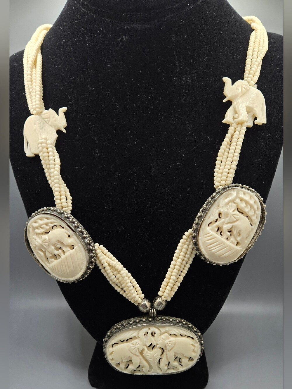 Carved Bone Elephant Necklace Silver Tone Hardware 25" Long